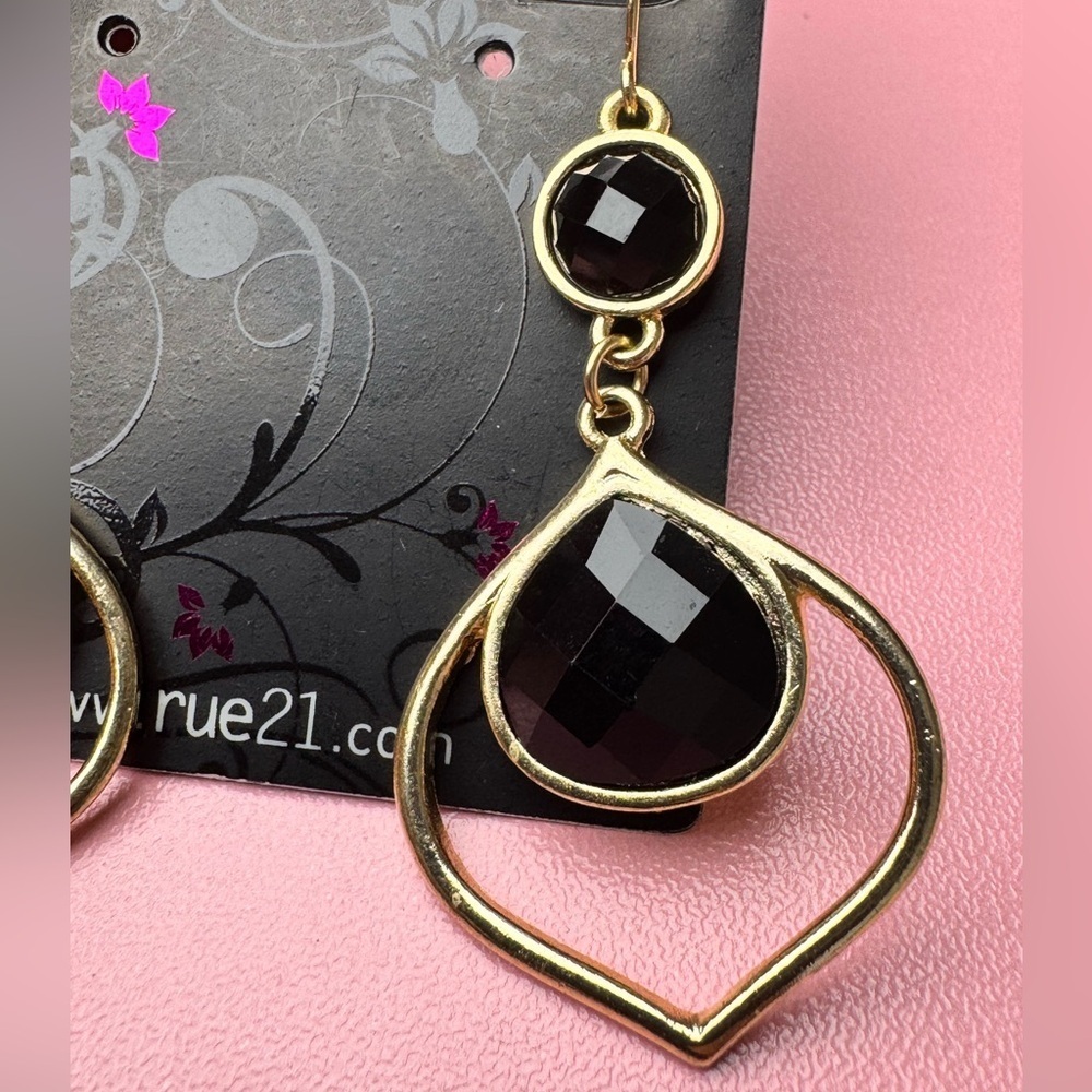 Gold & Black Statement Dangle Earrings – Modern Chic, New On Card - Picture 6 of 6